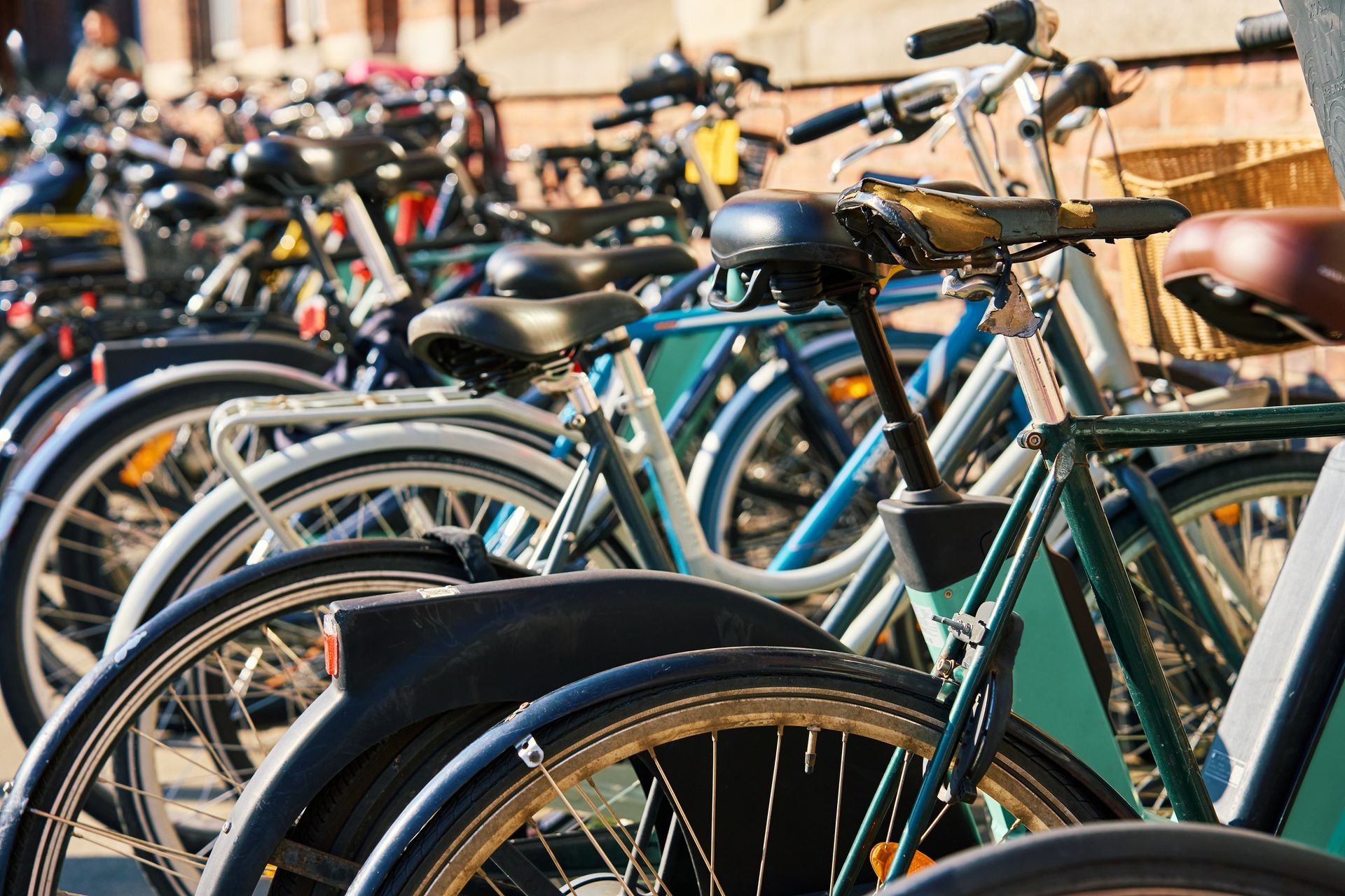 Rows of parked bicycles lined up outdoors in downtown Madison, Wisconsin on a sunny day.