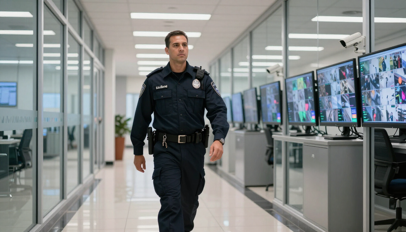 Guardia realizando rondín de seguridad en instalación comercial
