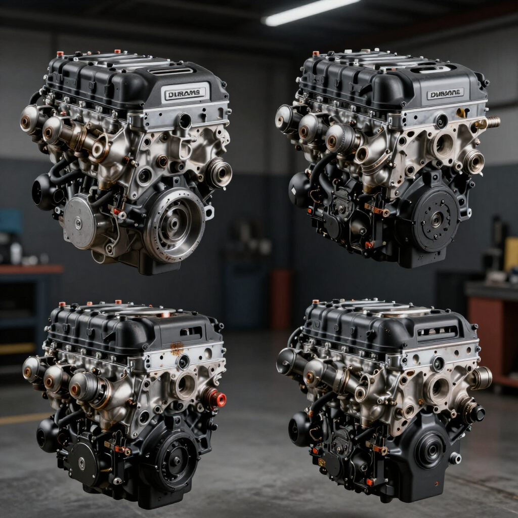 Four detailed automotive engine blocks arranged in a 2x2 grid on a dark studio background
