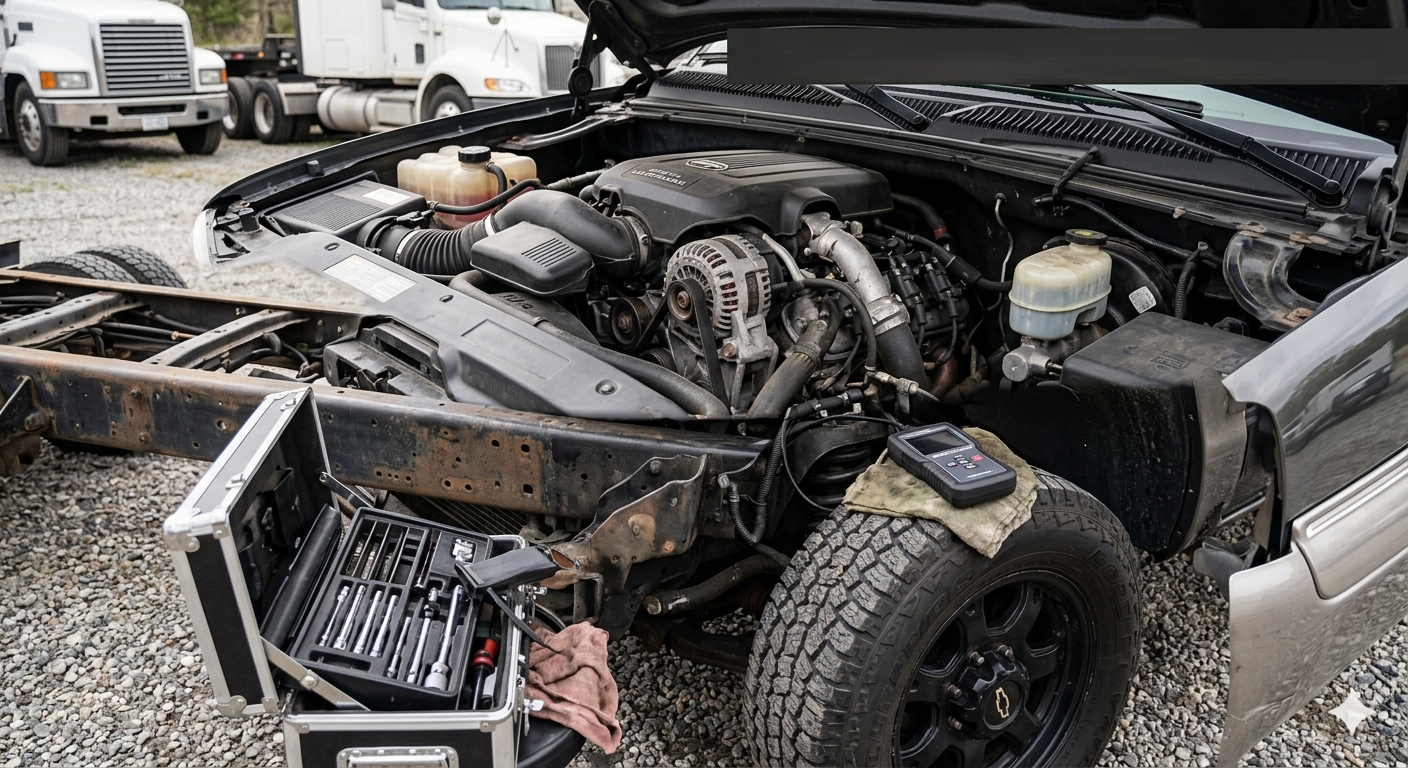 Severely damaged black car with front end exposed after a crash, parked on gravel near trucks.
