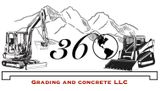 36 Grading and Concrete LLC logo with excavator, mountain outline, globe, and bulldozer