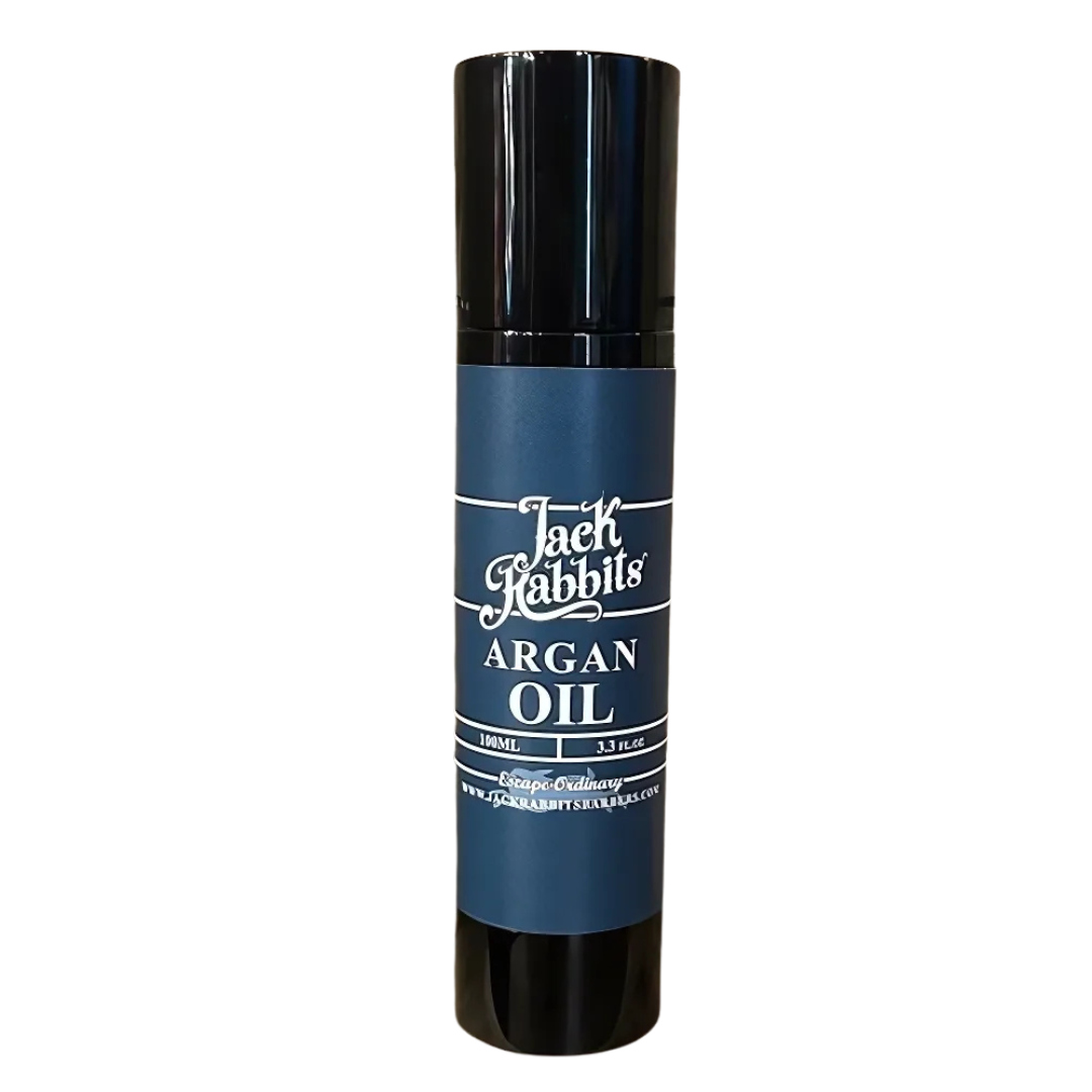 A bottle of jack rabbits argan oil on a white background.