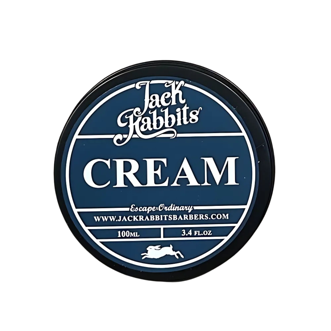 A jar of jack rabbits cream on a white background.