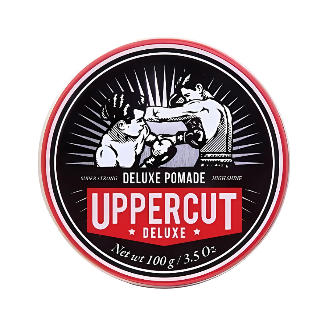 A can of uppercut deluxe pomade with two boxers on it