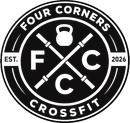 Black-and-white Four Corners CrossFit circular logo with crossed barbells and kettlebell, EST. 2026