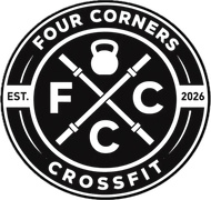 Black-and-white Four Corners CrossFit circular logo with crossed barbells and kettlebell, EST. 2026