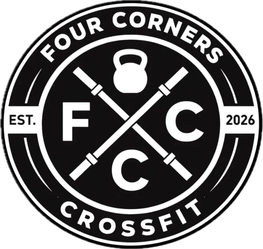 Black-and-white Four Corners CrossFit circular logo with crossed barbells and kettlebell, EST. 2026