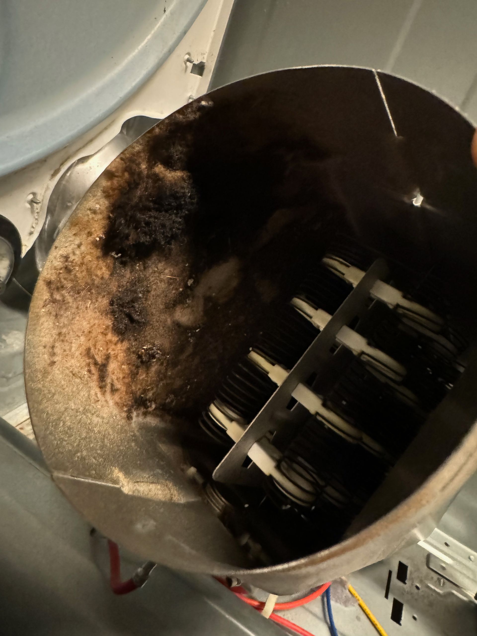 Inside a dryer, a metal housing with a heating element is coated in thick, dark, burnt debris.