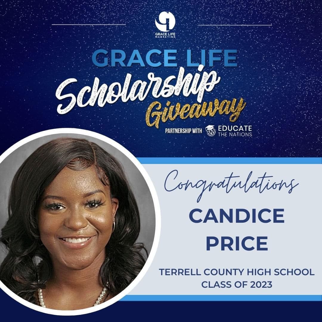 a woman is smiling on a grace life scholarship giveaway poster .