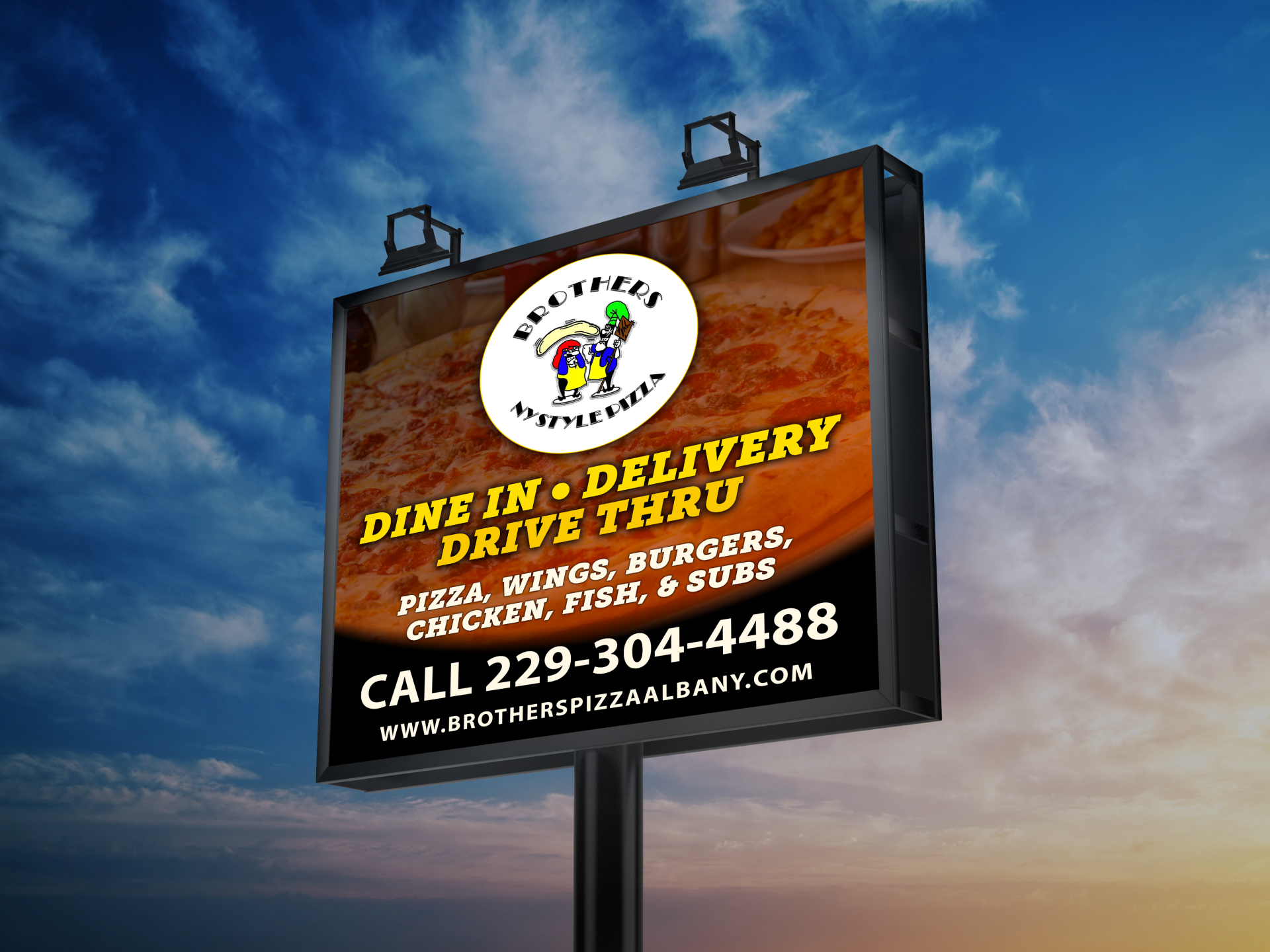 a billboard that says dine in delivery drive thru on it