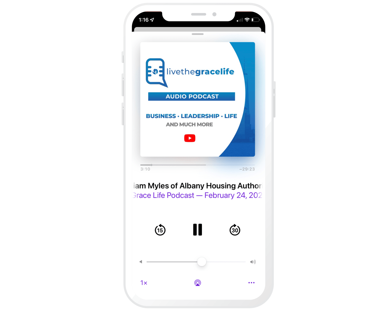 a cell phone with a podcast playing on it .