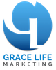 the logo for grace life marketing is blue and white