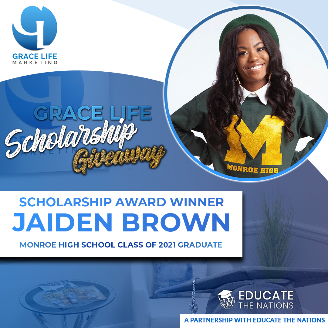 jaiden brown is the winner of the grace life scholarship giveaway .
