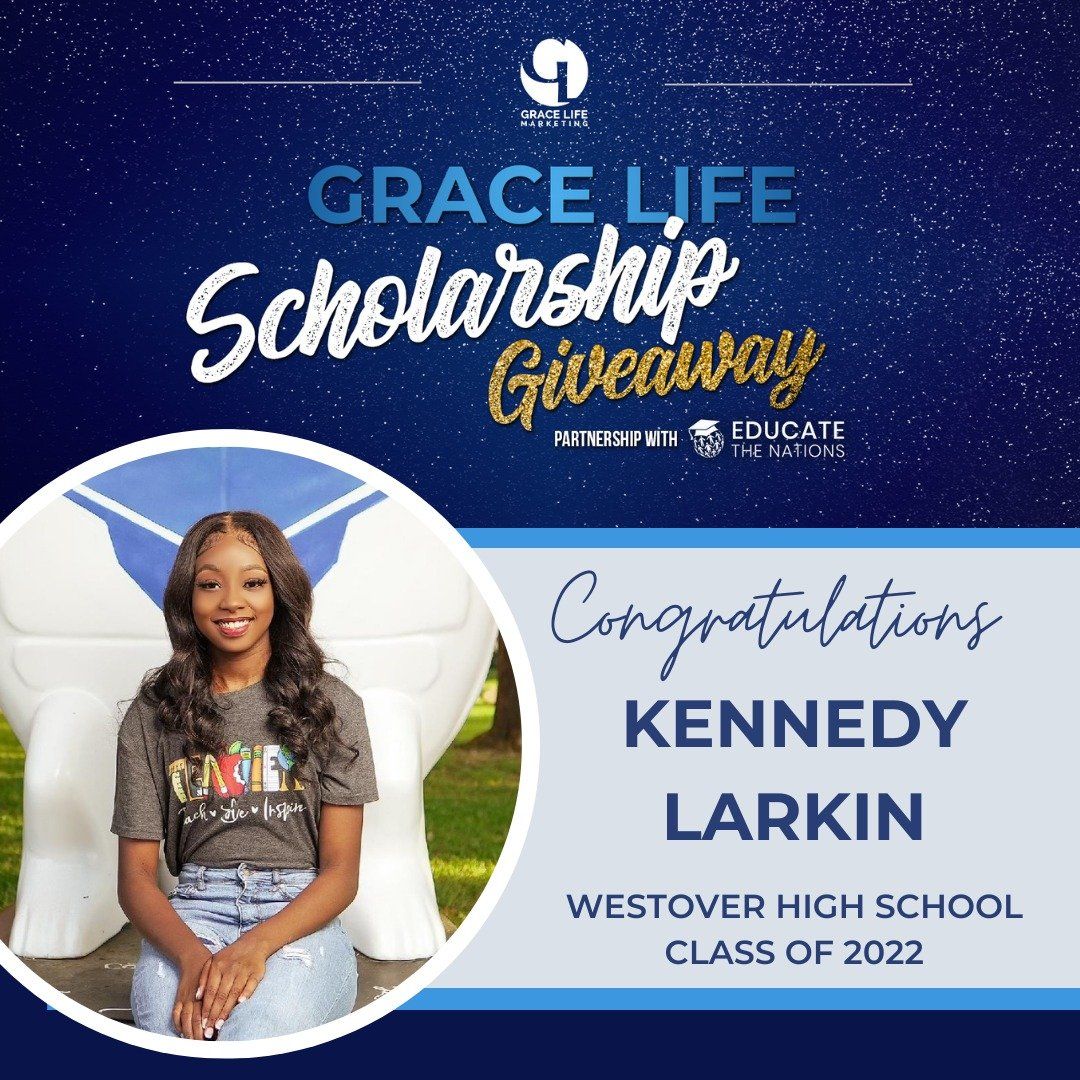a woman is sitting in a chair in front of a sign that says grace life scholarship giveaway