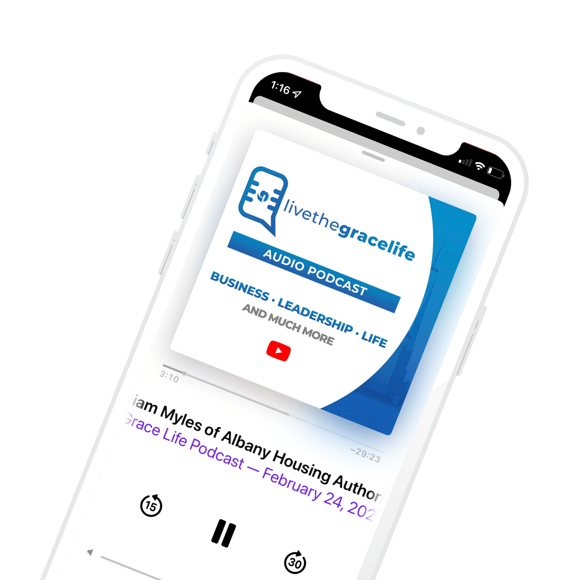 a cell phone with a podcast on the screen .