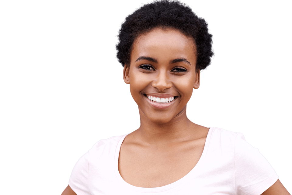 a woman with short hair is smiling and wearing a white shirt .