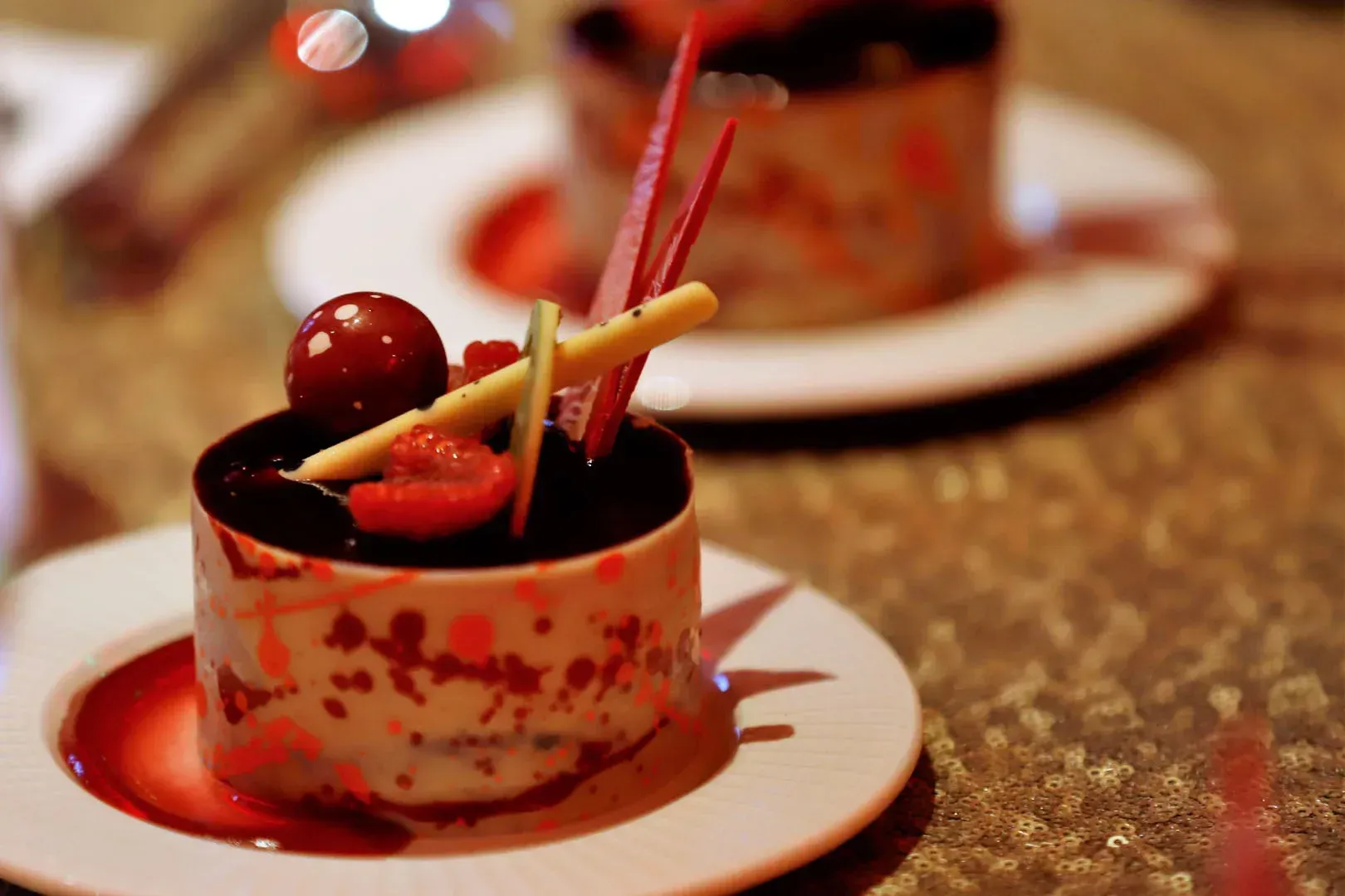 A close up of a dessert on a white plate