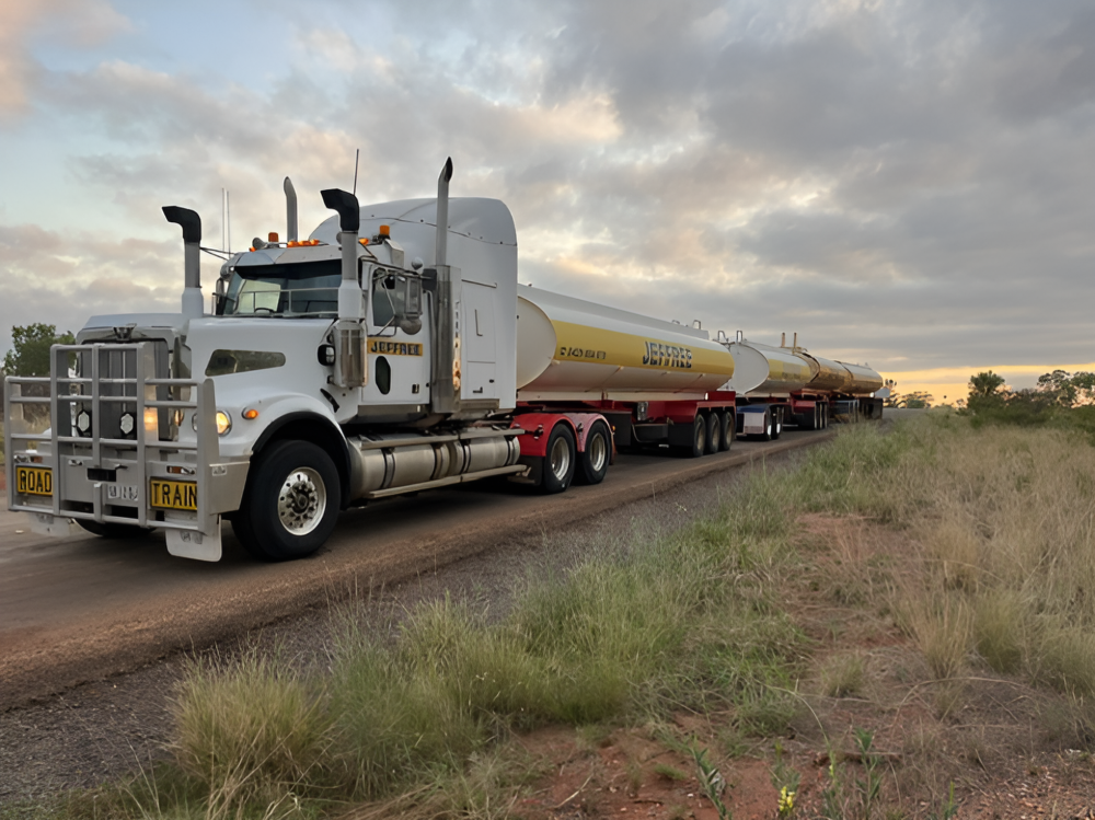 White semi-truck hauling a long yellow tank trailer on a rural road at sunset— Ts Jeffree Contractors in Cloncurry, QLD