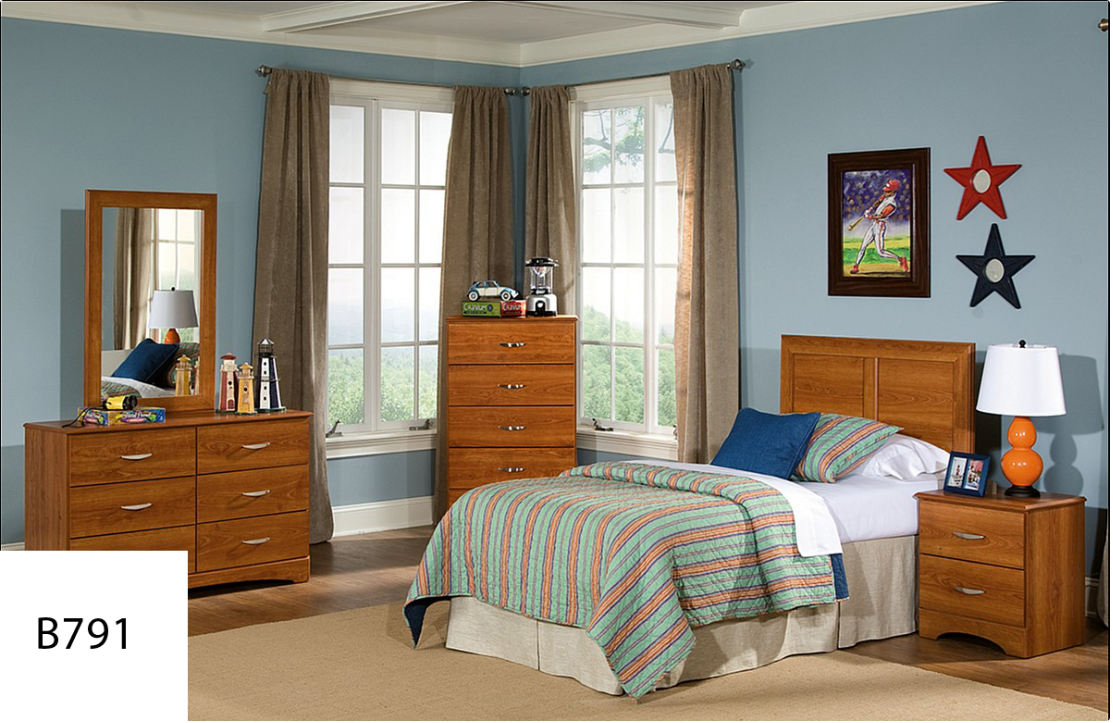 A bedroom with a bed dresser mirror and nightstand