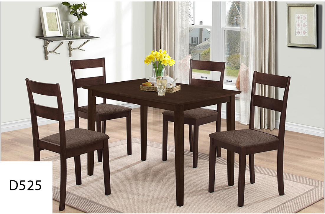 A dining room table with four chairs and a vase of flowers on it.