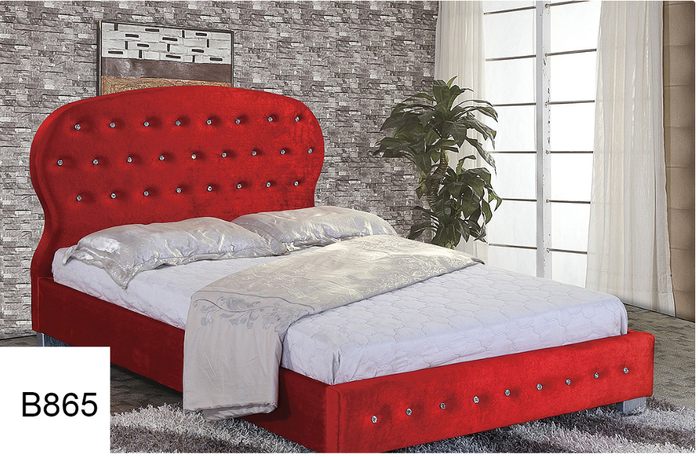 A bed with a red headboard and a white mattress