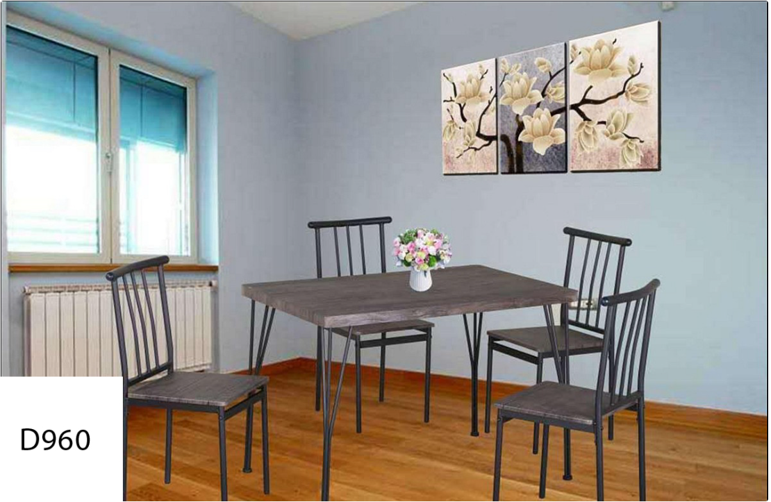 A dining room with a table and chairs and a painting on the wall