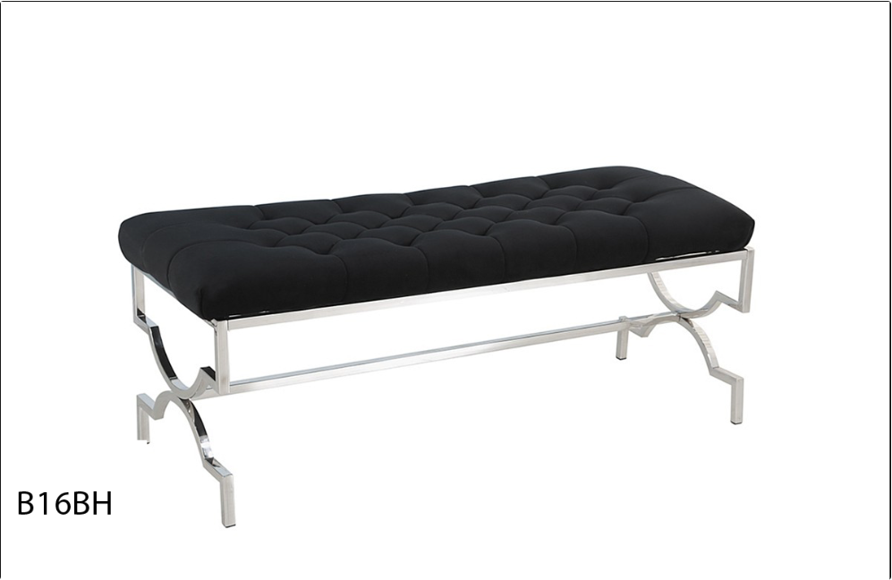 A black bench with a stainless steel frame on a white background.