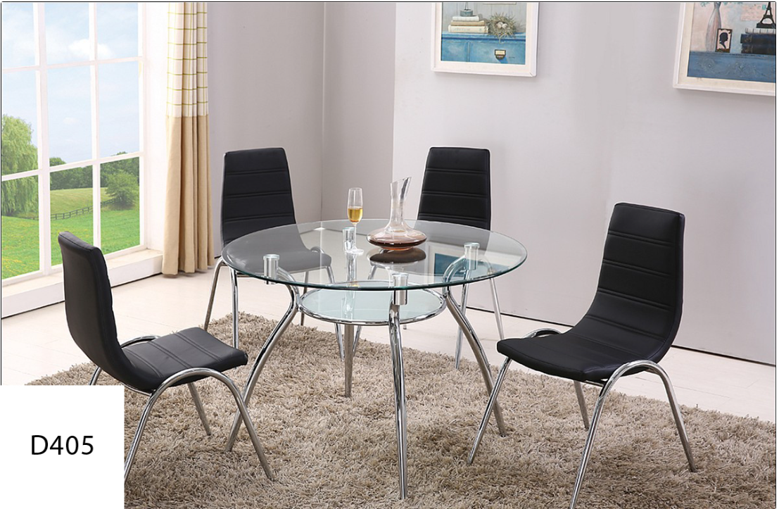 A glass dining table with black chairs in a living room