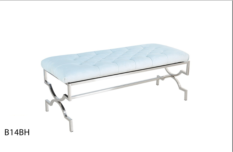 A white bench with a stainless steel frame on a white background.