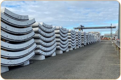 Precast tunnel segments arranged in the storage yard
