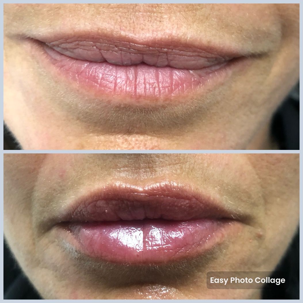 Close-up of lips before and after gloss application, showing pink natural lips and shiny deep berry color.
