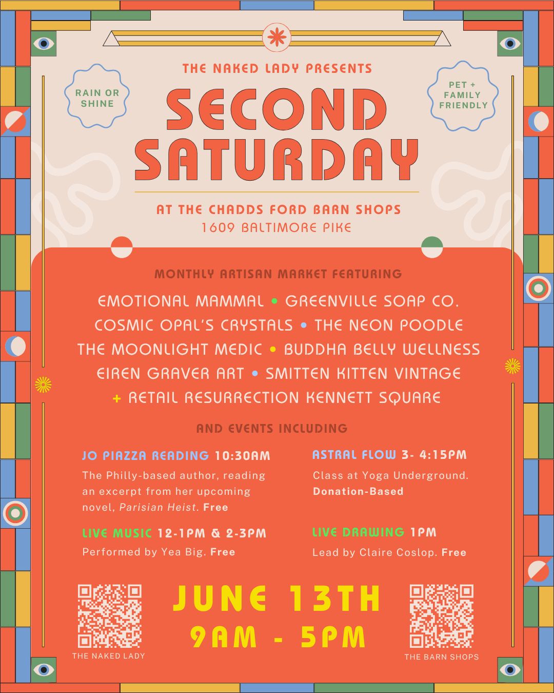 Colorful event flyer for “Second Saturday” with June 13th, 9am–5pm, and vendors, music, and activities listed