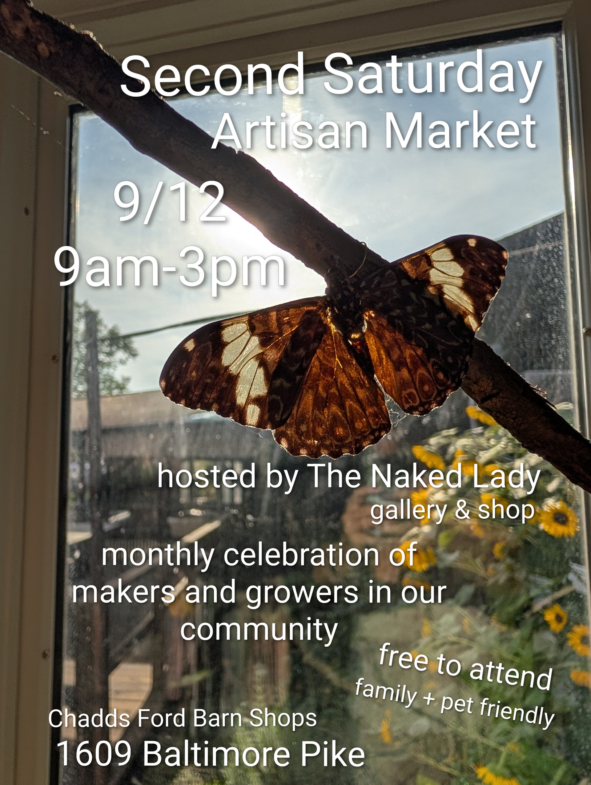 Second Saturday Artisan Market poster with rustic farm scene and event details on white text.
