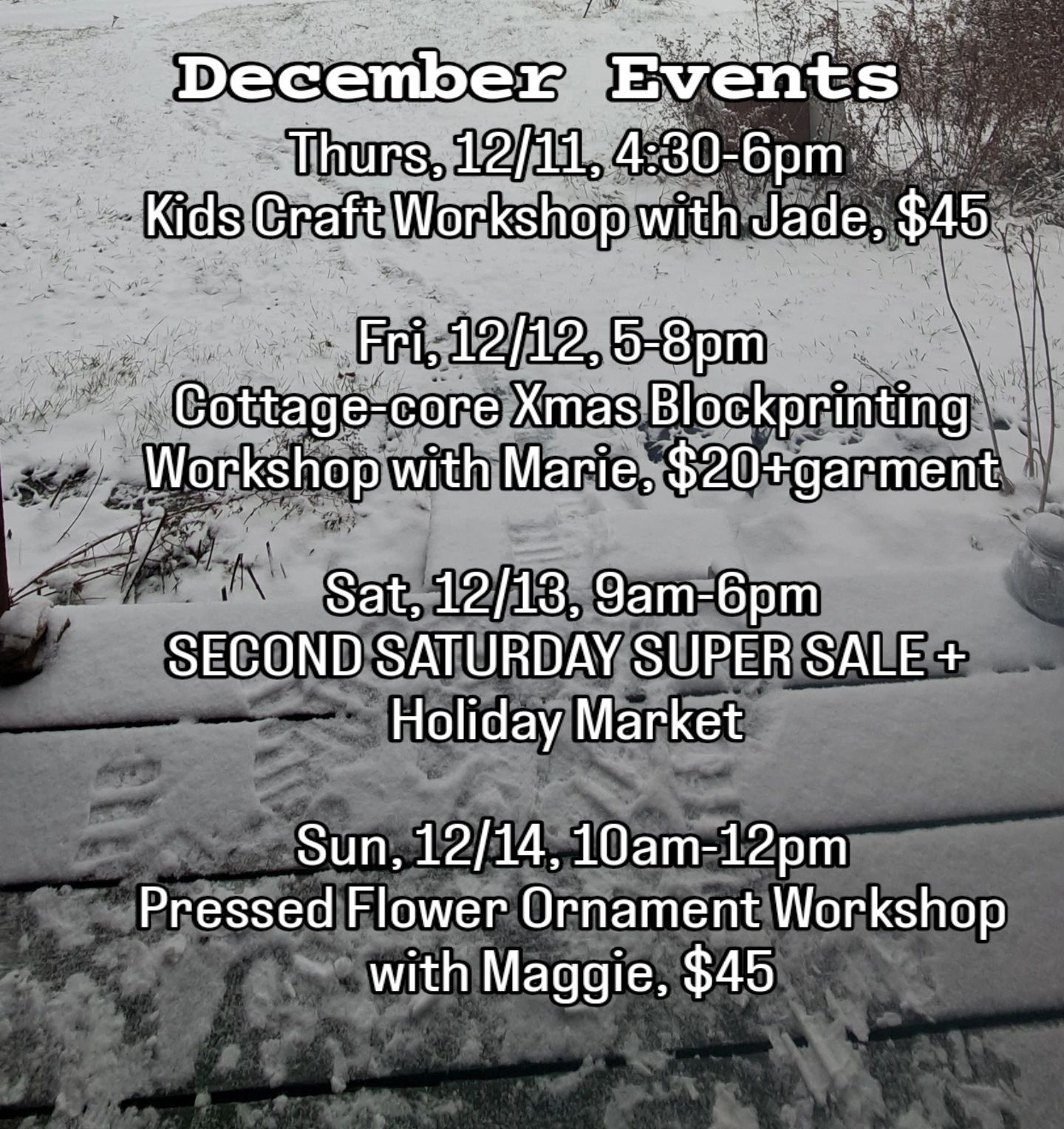 December events flyer with holiday workshops, crafts, and a Super Sale/holiday market, dated Dec. 11–14.