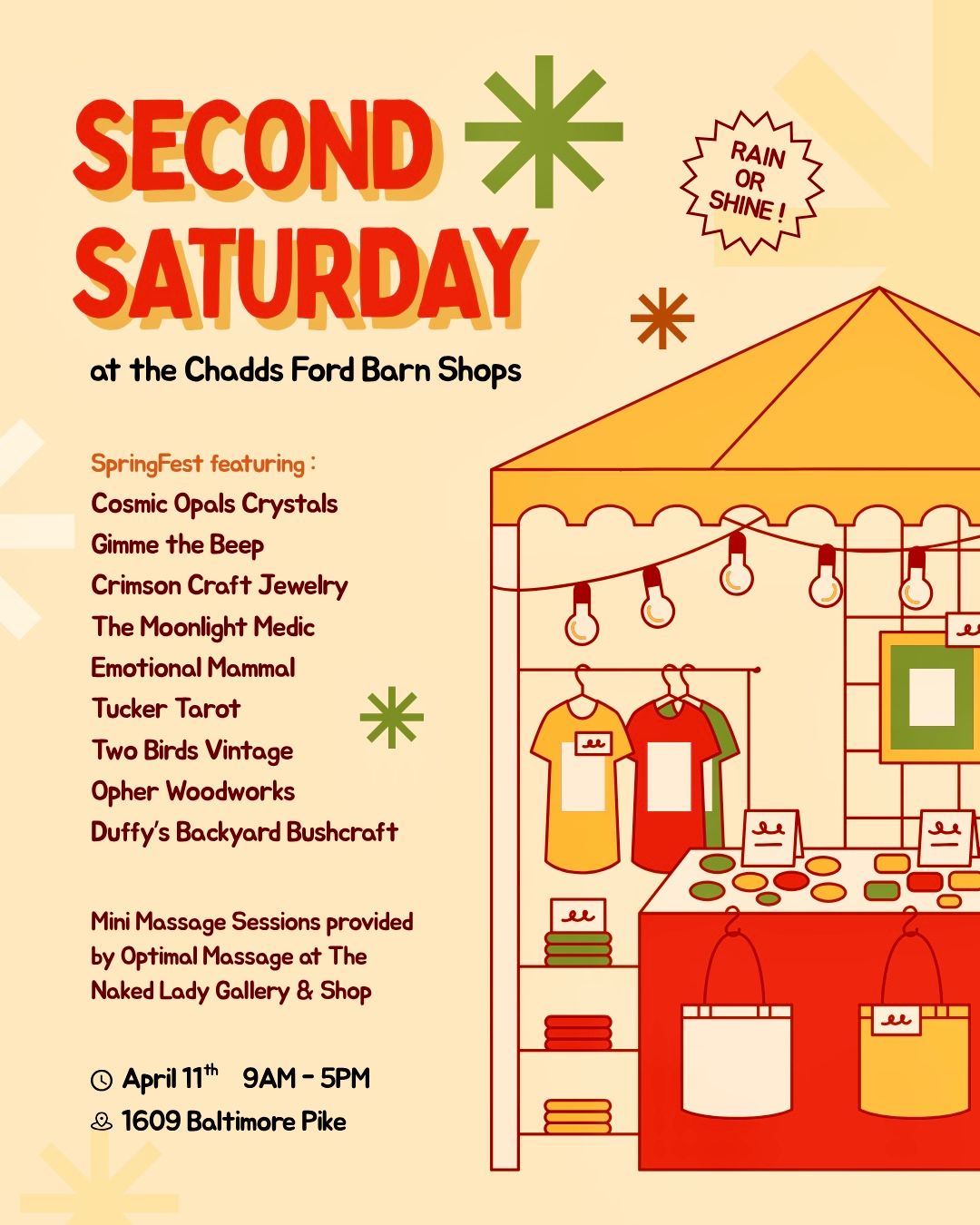 Second Saturday market poster with orange tent, red stall, and list of local vendors and times