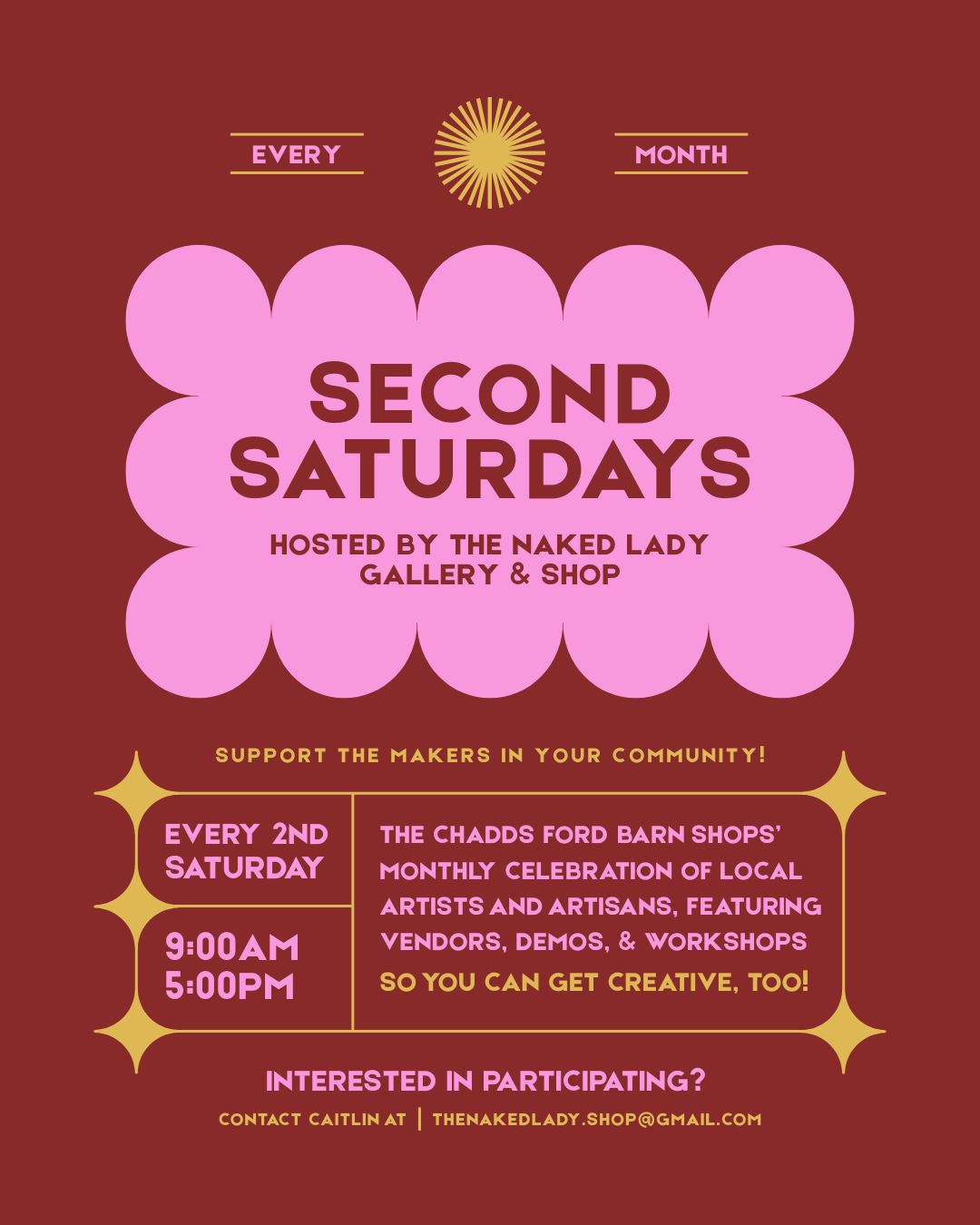 Pink event poster for “Second Saturdays” hosted by The Naked Lady Gallery & Shop, with date and hours.
