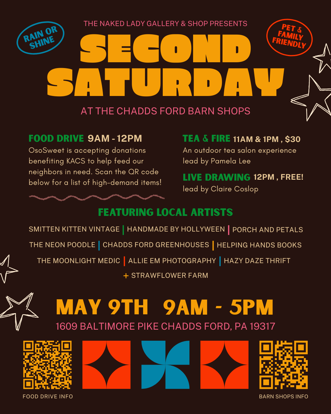 Second Saturday market poster with food, tea, live drawing, local artists, and May 9, 9am–5pm at Baltimore Pike Shops