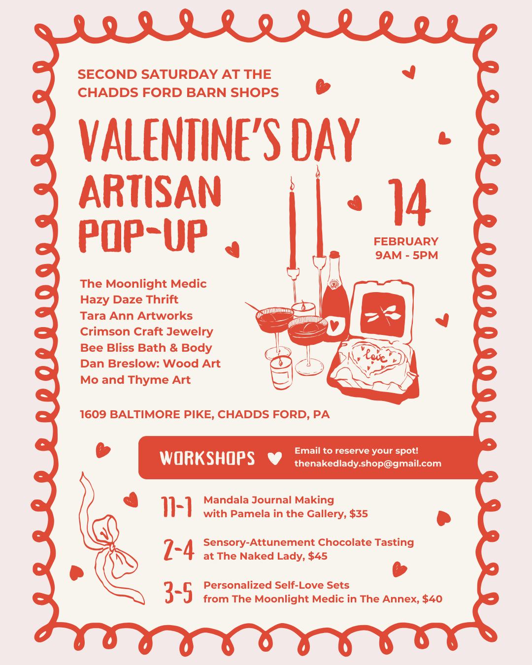 Red-and-white Valentine’s Day artisan pop-up poster with event details and workshop times