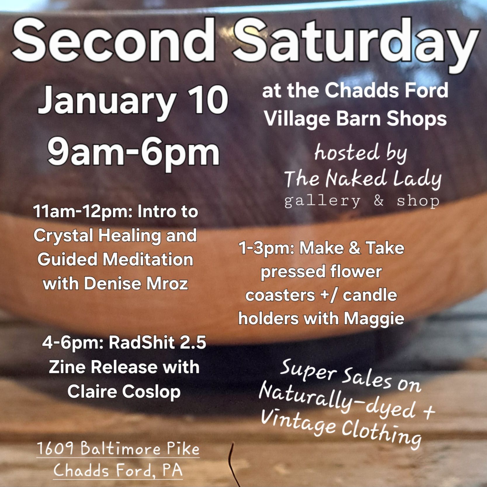 Second Saturday event flyer: January 10, 9am-6pm at Chadds Ford Village Barn Shops, with workshops and sales