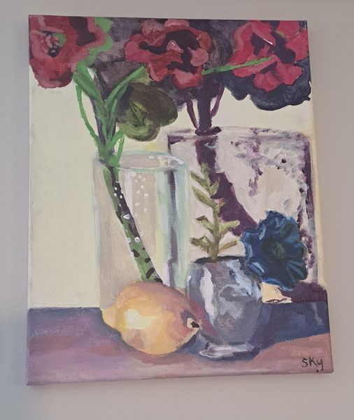 Still life painting of flowers, vases, and a lemon on a table.