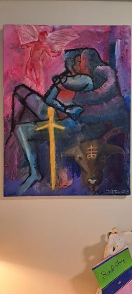 Painting of embracing figures, golden sword, angel, demon, in purple, blue, and pink.