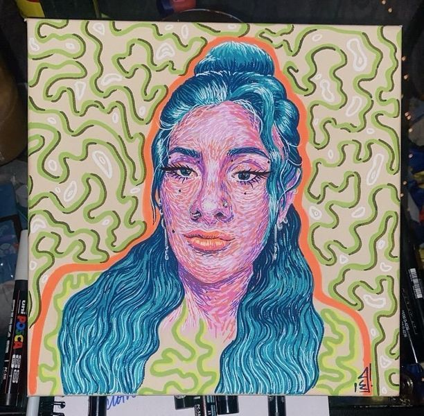 Colorful portrait of a person with blue hair, drawn in crosshatch style. Bright green swirls on beige background.