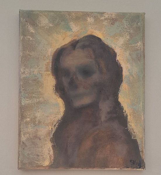 A muted portrait painting of a person with long hair against a hazy, light background.