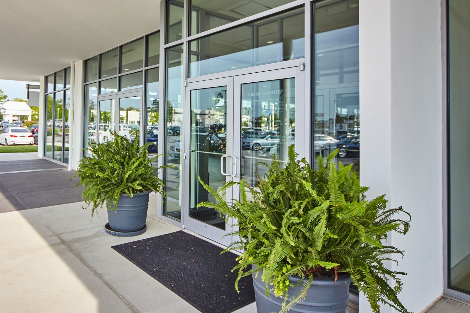 Storefront entrance with glass doors, potted ferns, and a covered walkway.