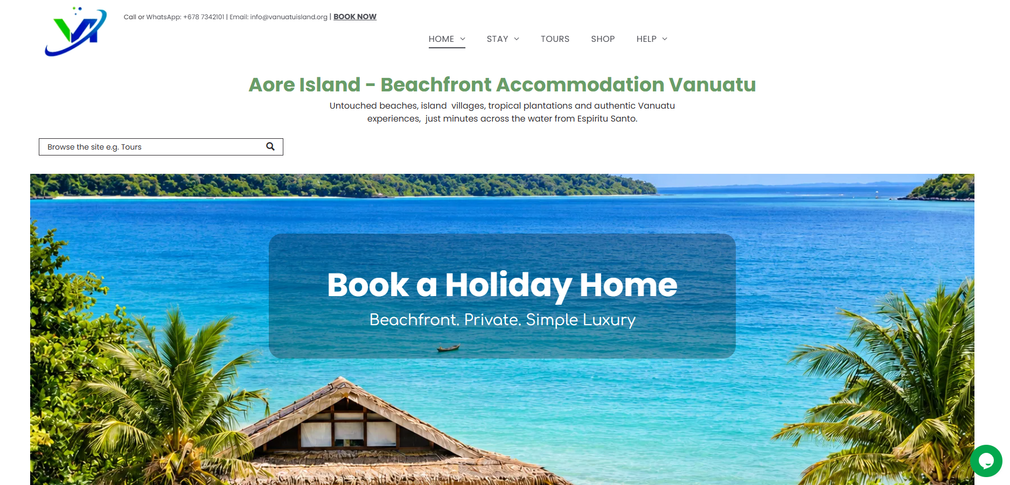 Holiday accommodation website homepage with tropical beach banner and “Book a Holiday Home” headline