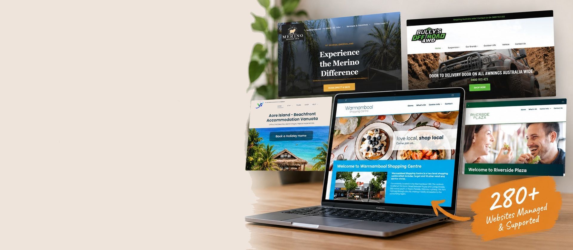 Stack of website mockups on a laptop with an orange “280+” badge on a beige background