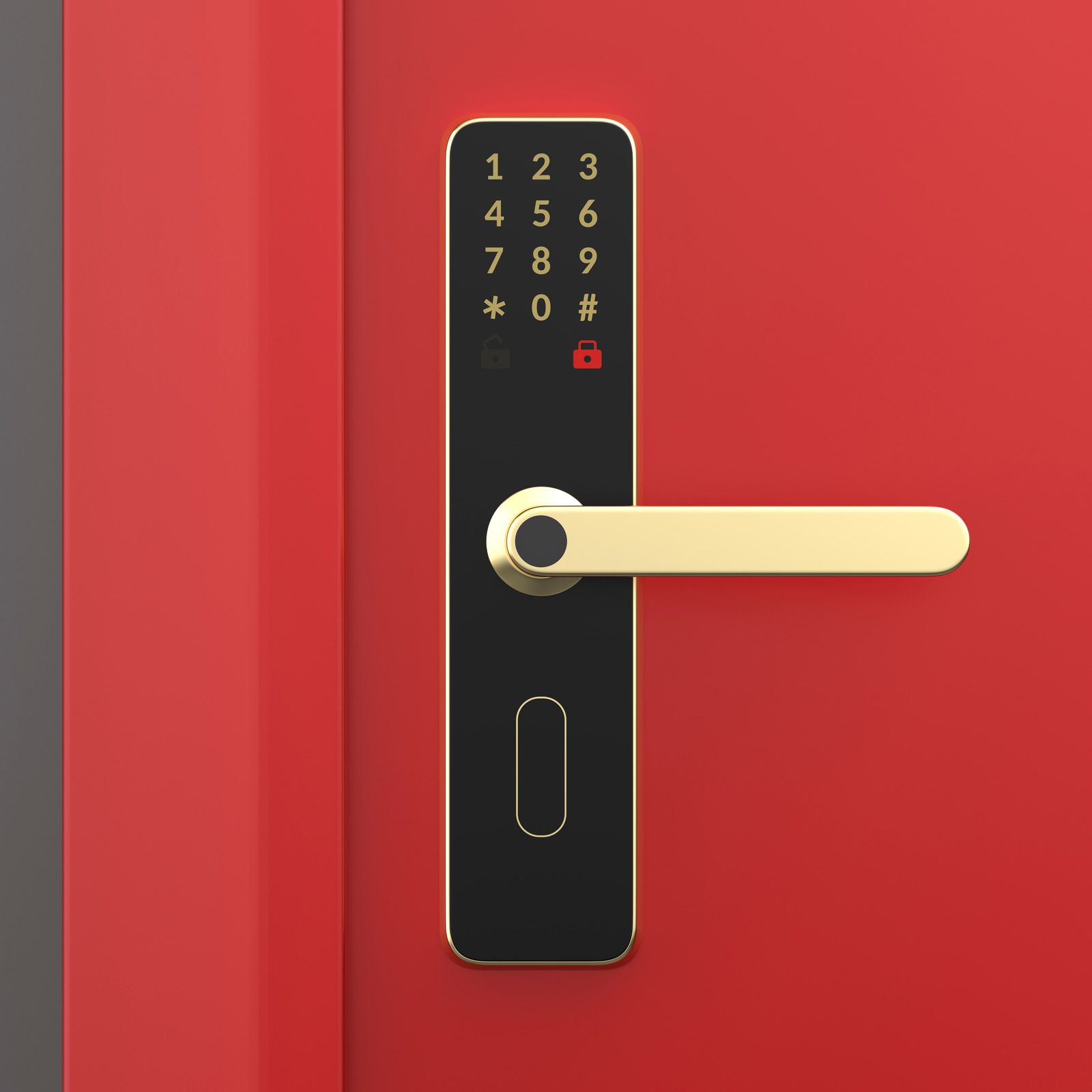 Black digital door lock with gold handle on a red door