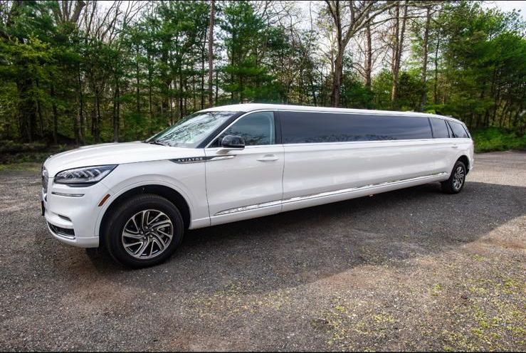 A white limousine is parked in a parking lot in front of trees.