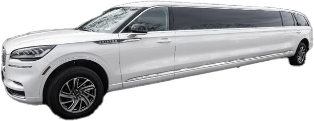 A black limousine is parked on a white background.