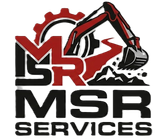 Logo for MSR Services featuring a red excavator arm, a gear, and rocky terrain above the company name in black text.
